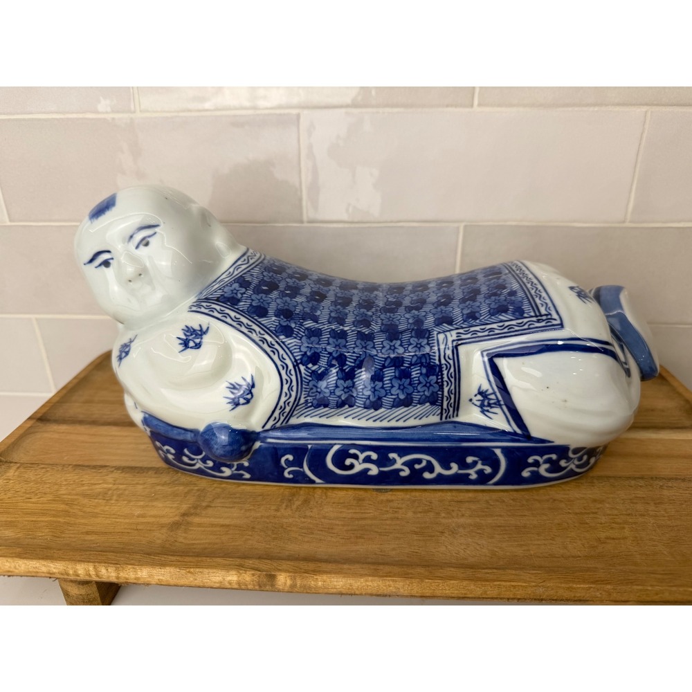 Vintage Chinese Ceramic Pillow Reclining Boy Blue White Porcelain Figurine 10.5"